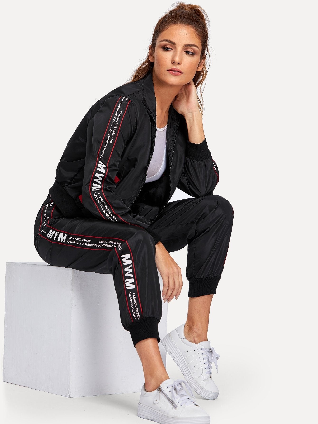 Letter Print Sleeve Jacket & Sweatpants Set