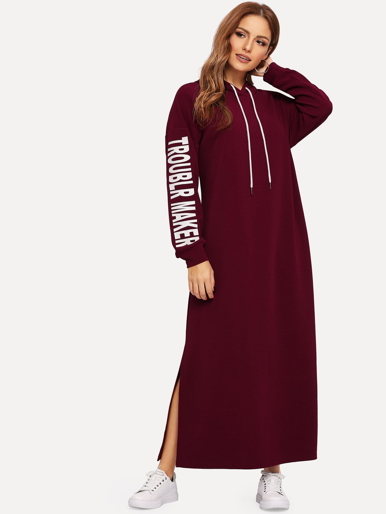 Letter Print Split Side Hooded Hijab Dress