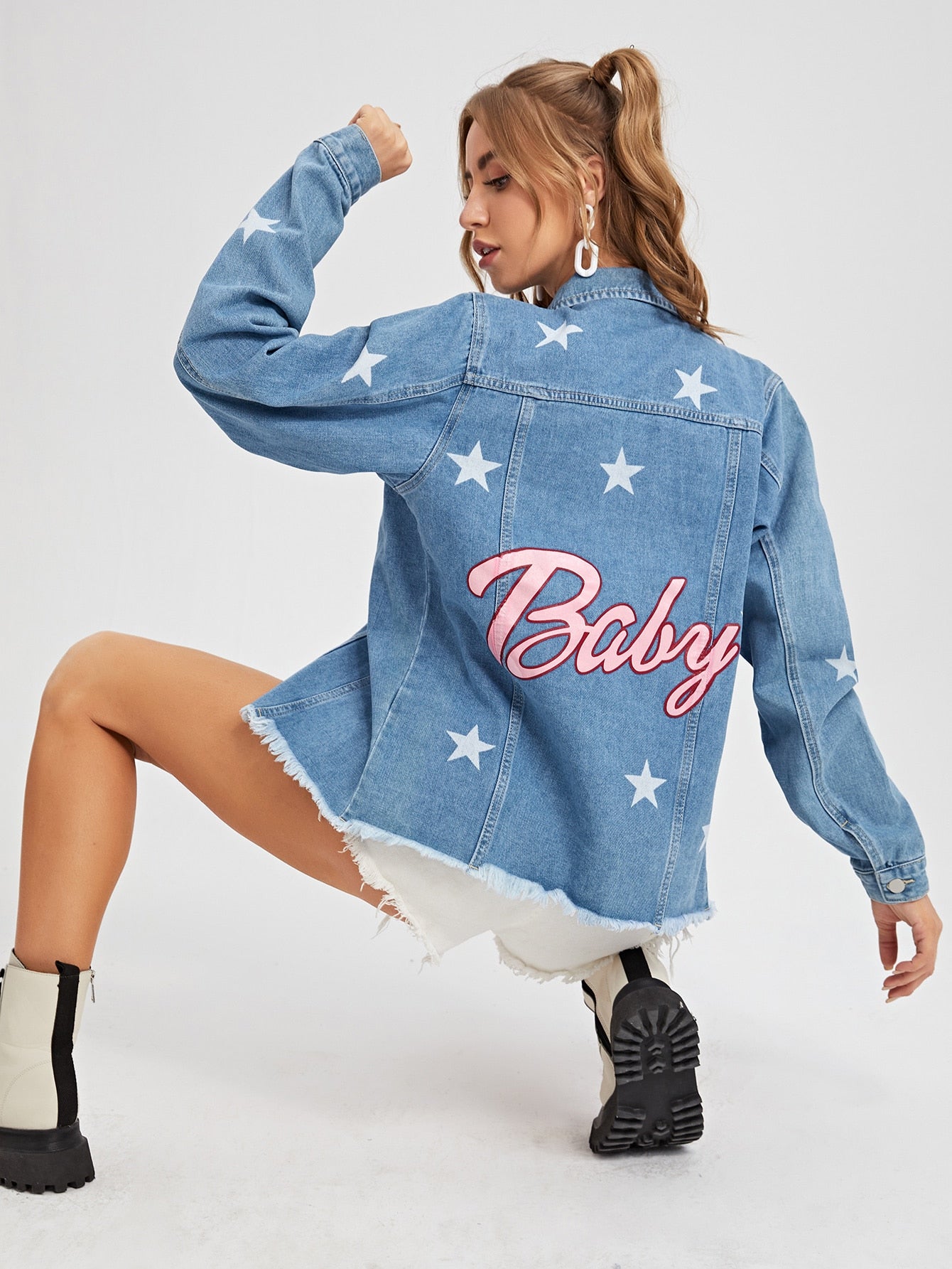 Letter & Star Graphic Raw Hem Denim Jacket