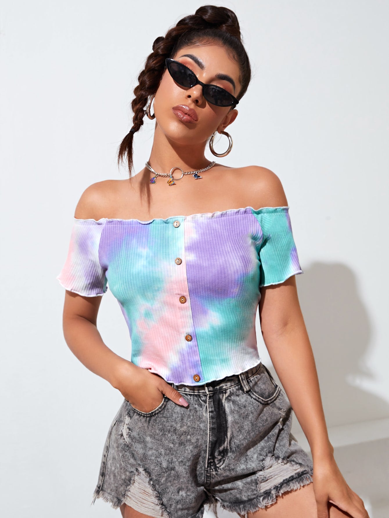 Lettuce Trim Tie Dye Button Front Bardot Tee