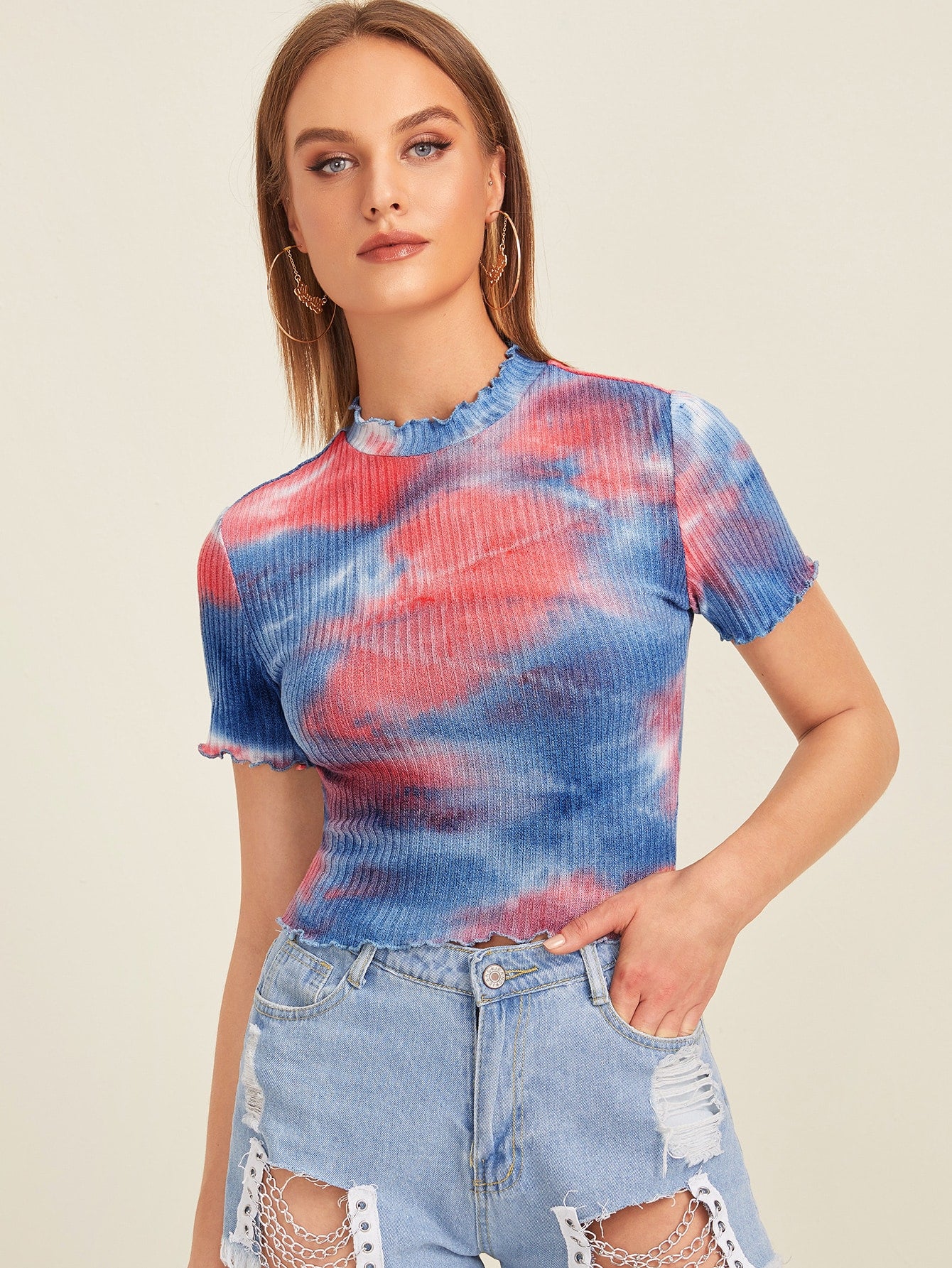 Lettuce Trim Tie Dye Rib-knit Top