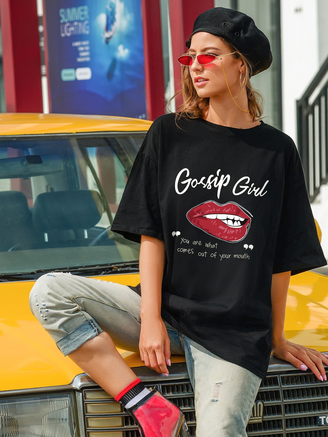 Lip And Slogan Graphic Oversized Tee