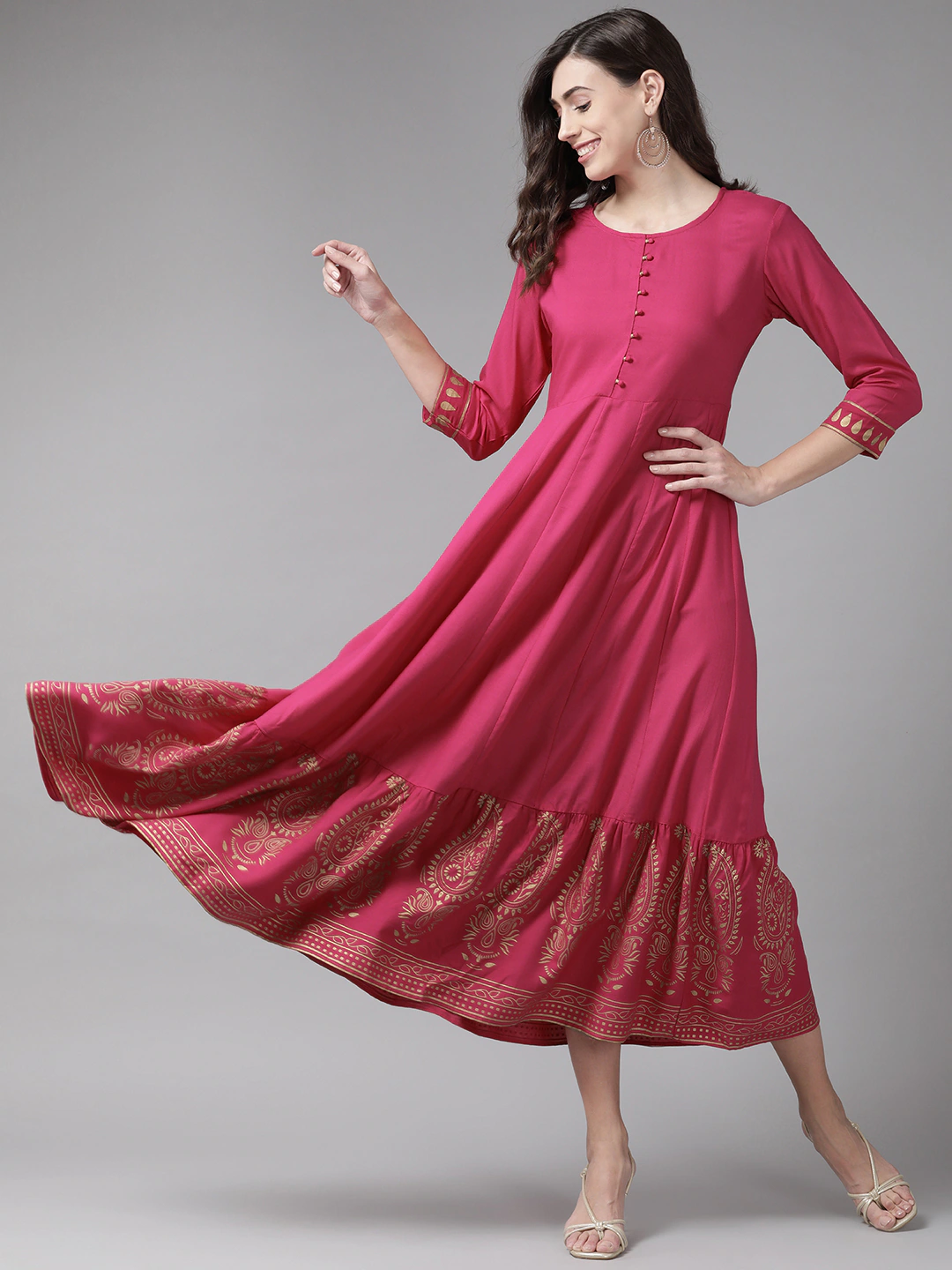 Magenta Ethnic Motifs Ethnic Maxi Dress