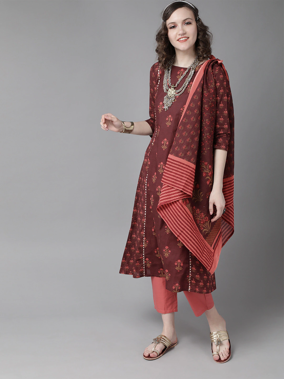 Maroon and Peach Kurta with Trousers and Dupatta