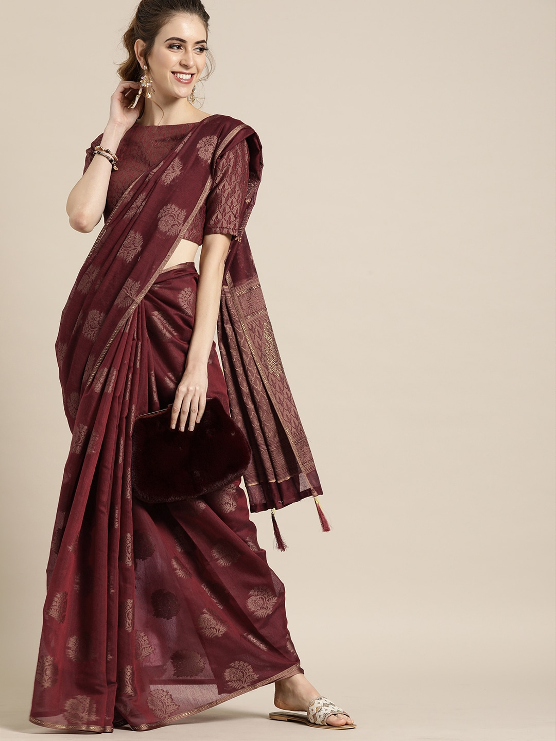 Maroon Cotton Blend Woven Design Chanderi Saree