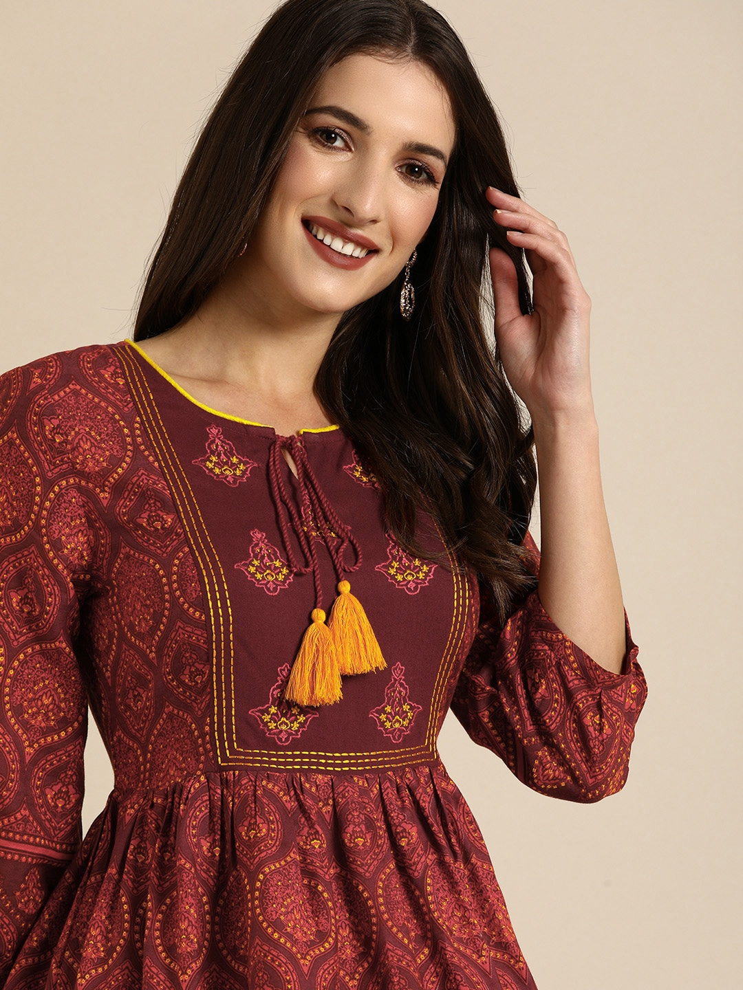 Maroon Ethnic Motifs A-Line Dress