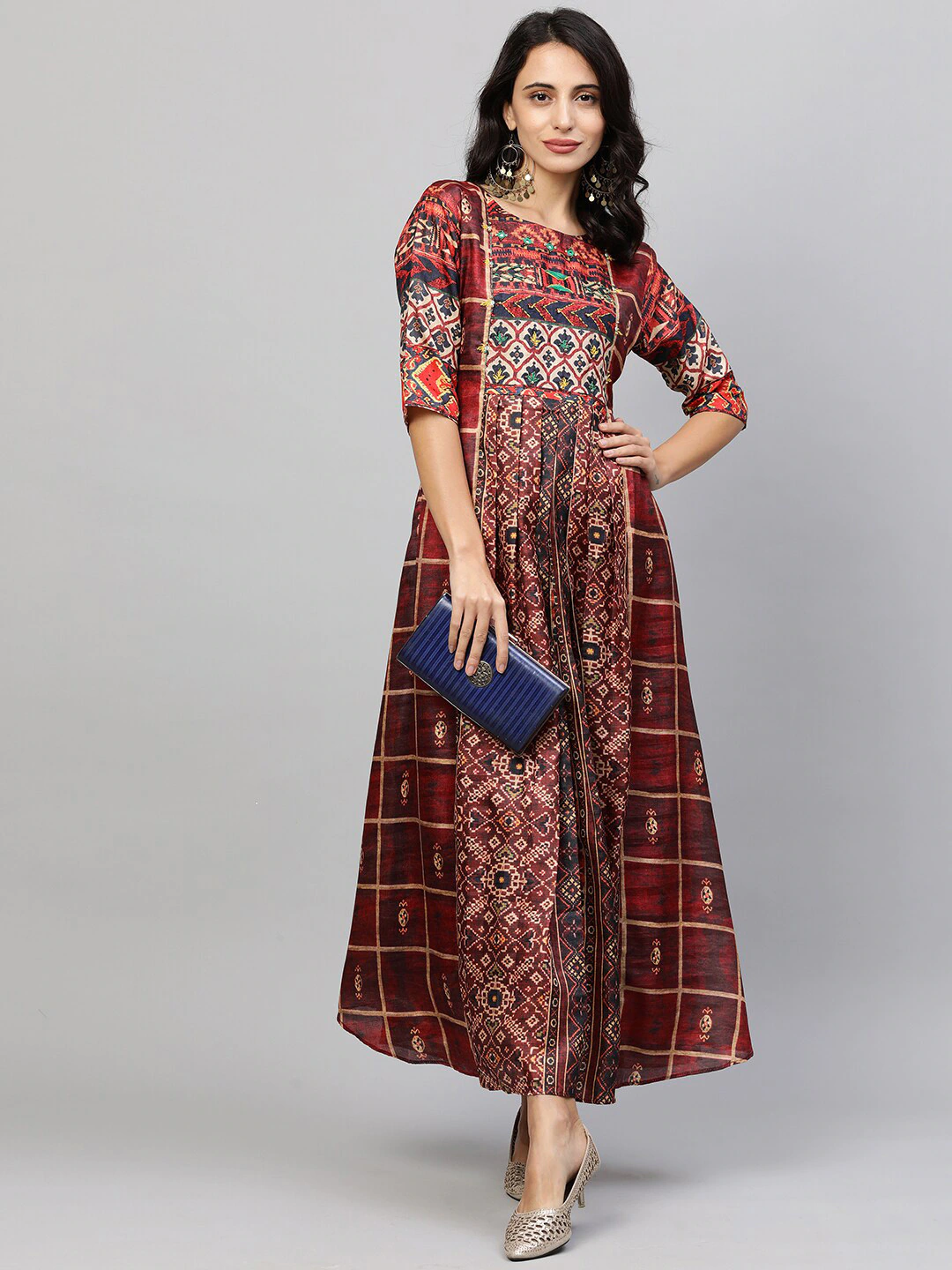 Maroon Ethnic Motifs Maxi Dress