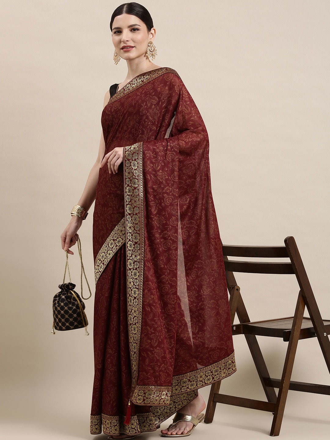 Maroon & Golden Silk Blend Saree