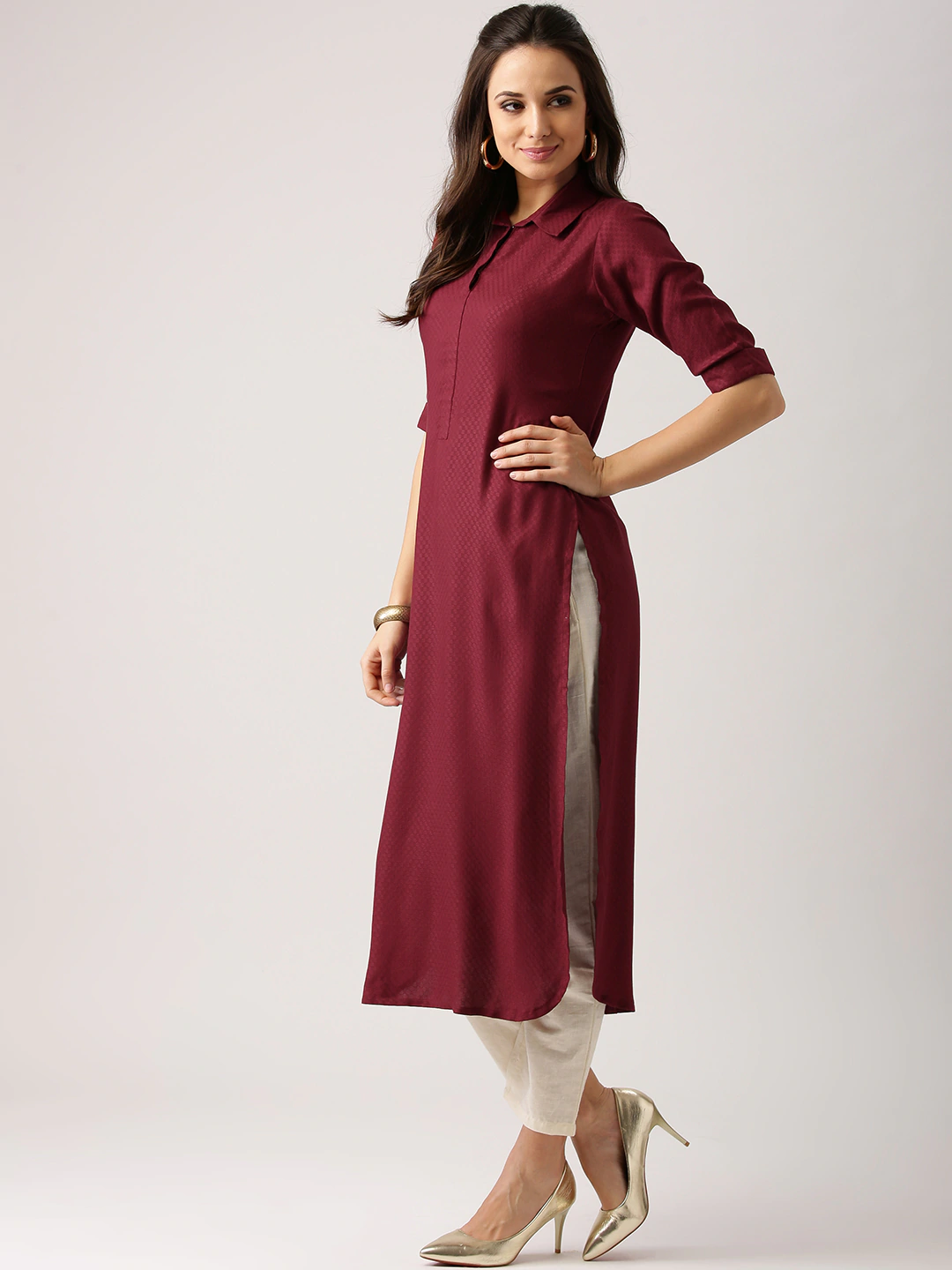 Maroon Patterned Kurta With Shirt Collar