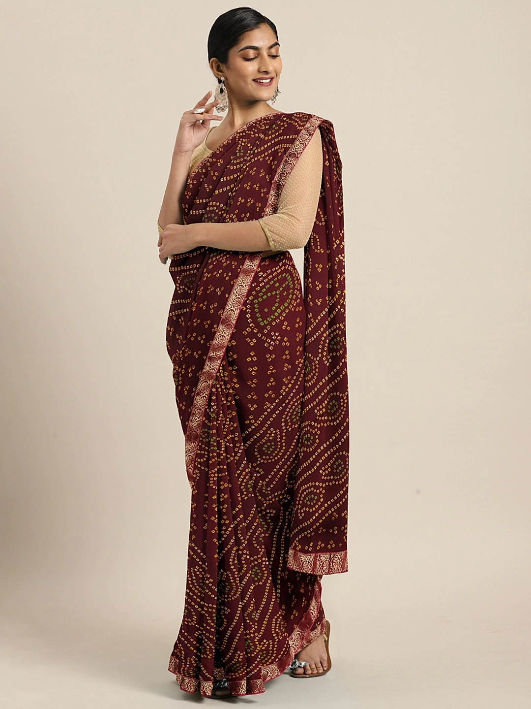 Maroon Printed Bandhani Saree