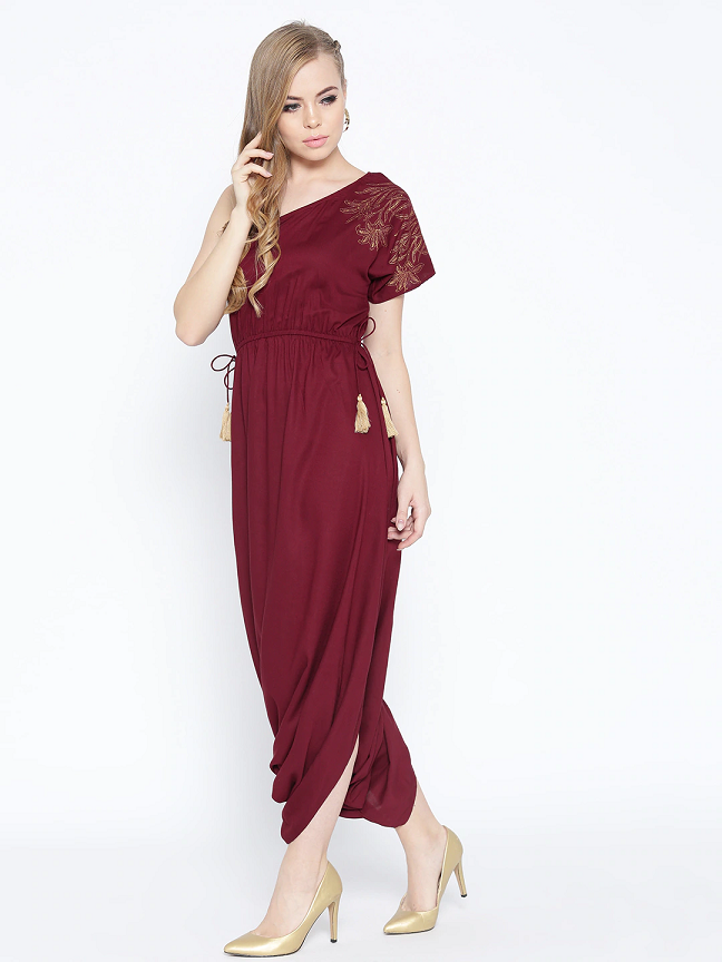 Maroon Solid One-Shoulder Dhoti Style Jumpsuit