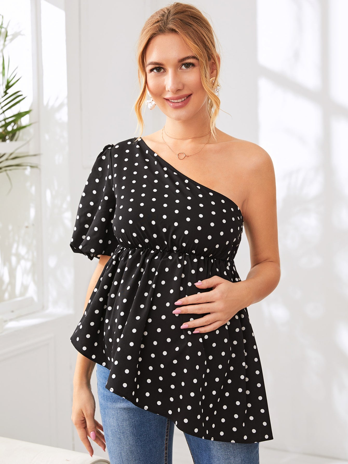 Maternity One Shoulder Puff Sleeve Polka Dot Peplum Top