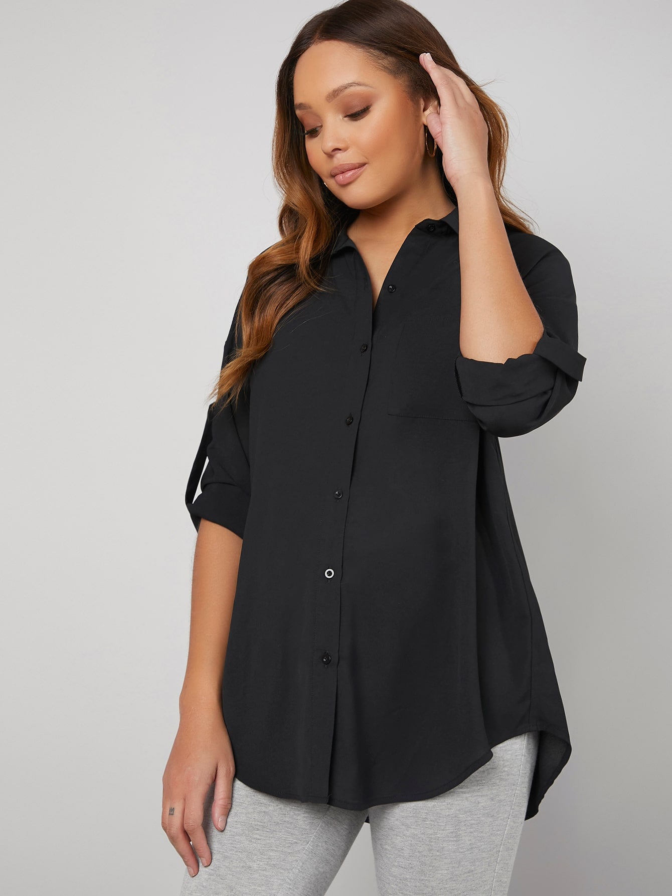 Maternity Roll Tab Sleeve Curved Hem Blouse