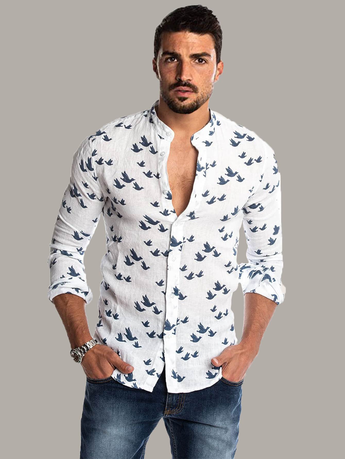 Men Allover Pigeon Print Button UP Shirt