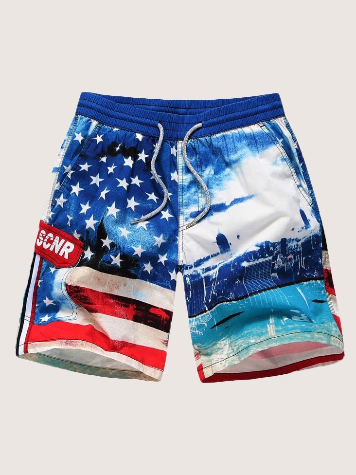 Men Architecture & Star Print Drawstring Bermuda Shorts