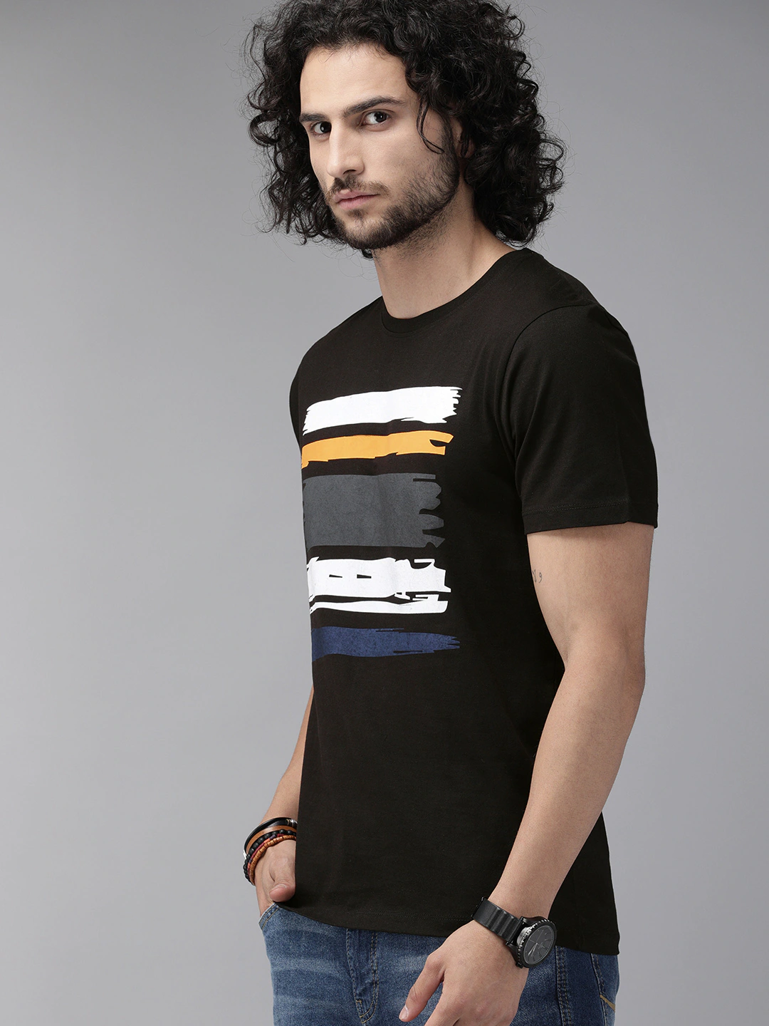 Men Black Round Neck T-shirt