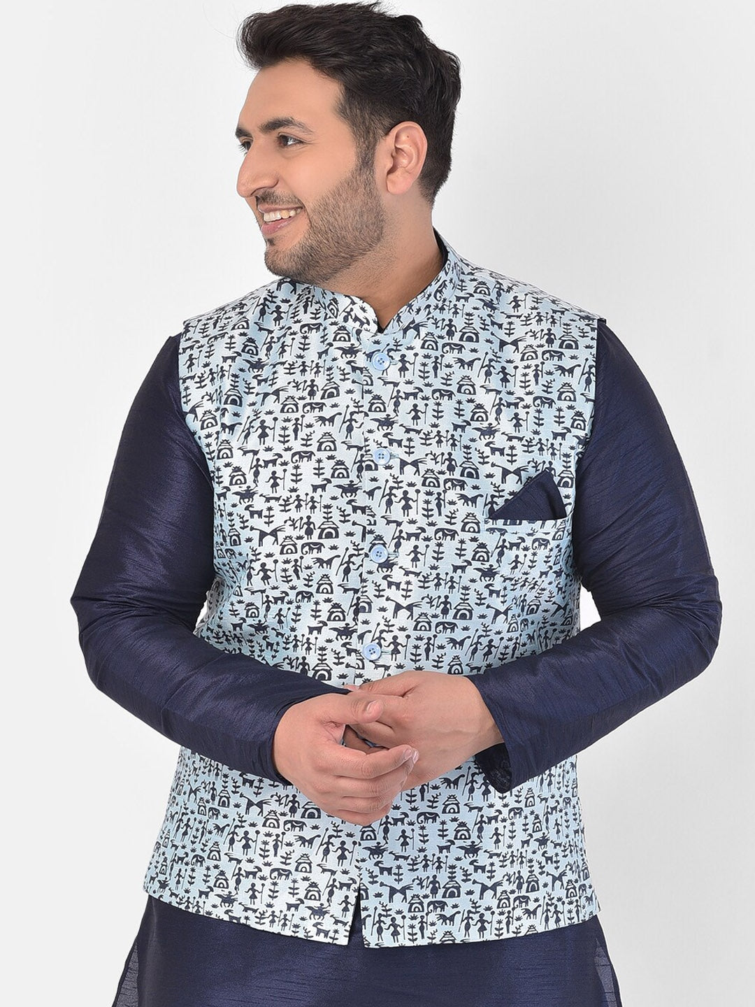 Men Blue Printed Nehru Jacket