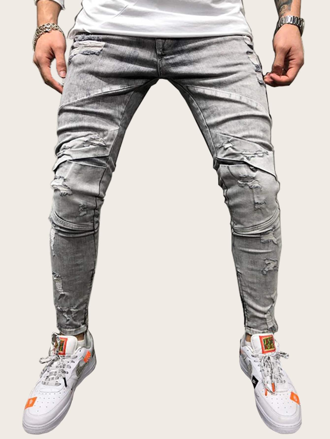 Men Button Waist Ripped Washed Jeans