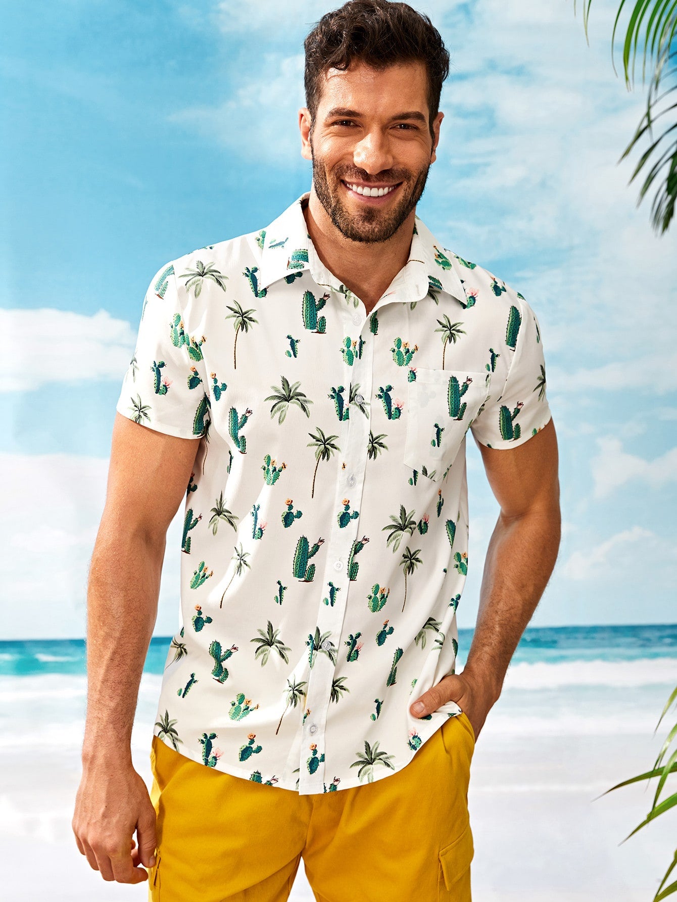 Men Cactus Print Pocket Front Shirt