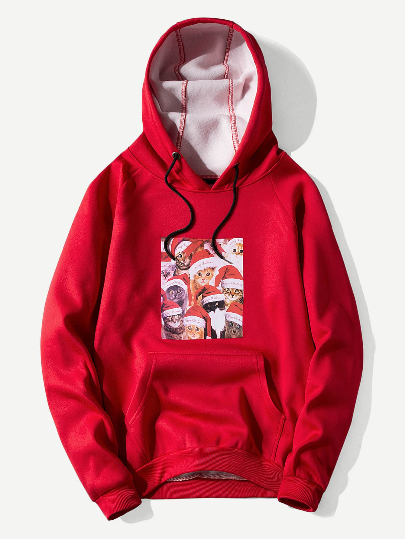 Men Christmas Cat Print Hooded Sweatshirt