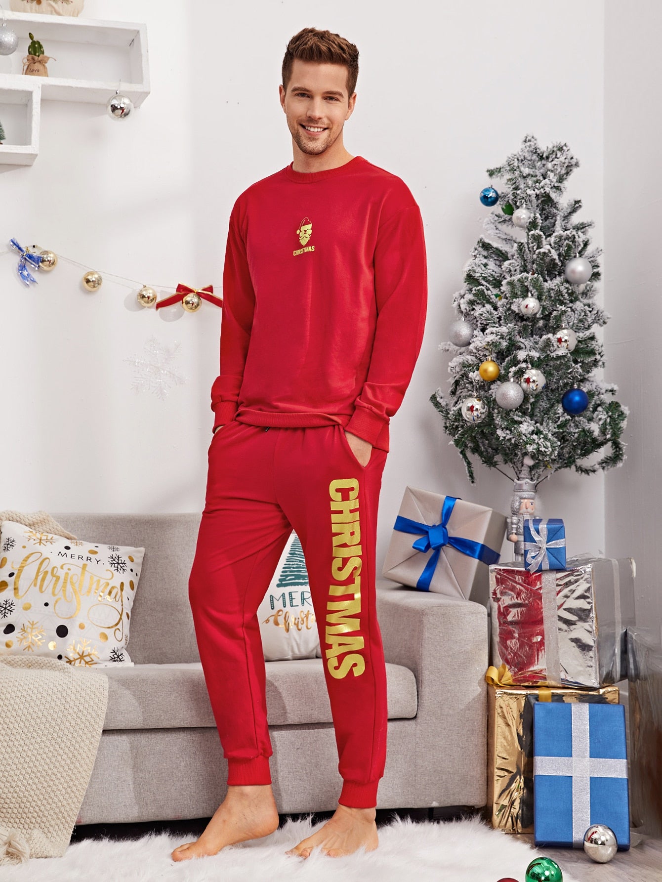 Men Christmas & Letter Print Pullover and Sweatpants Set