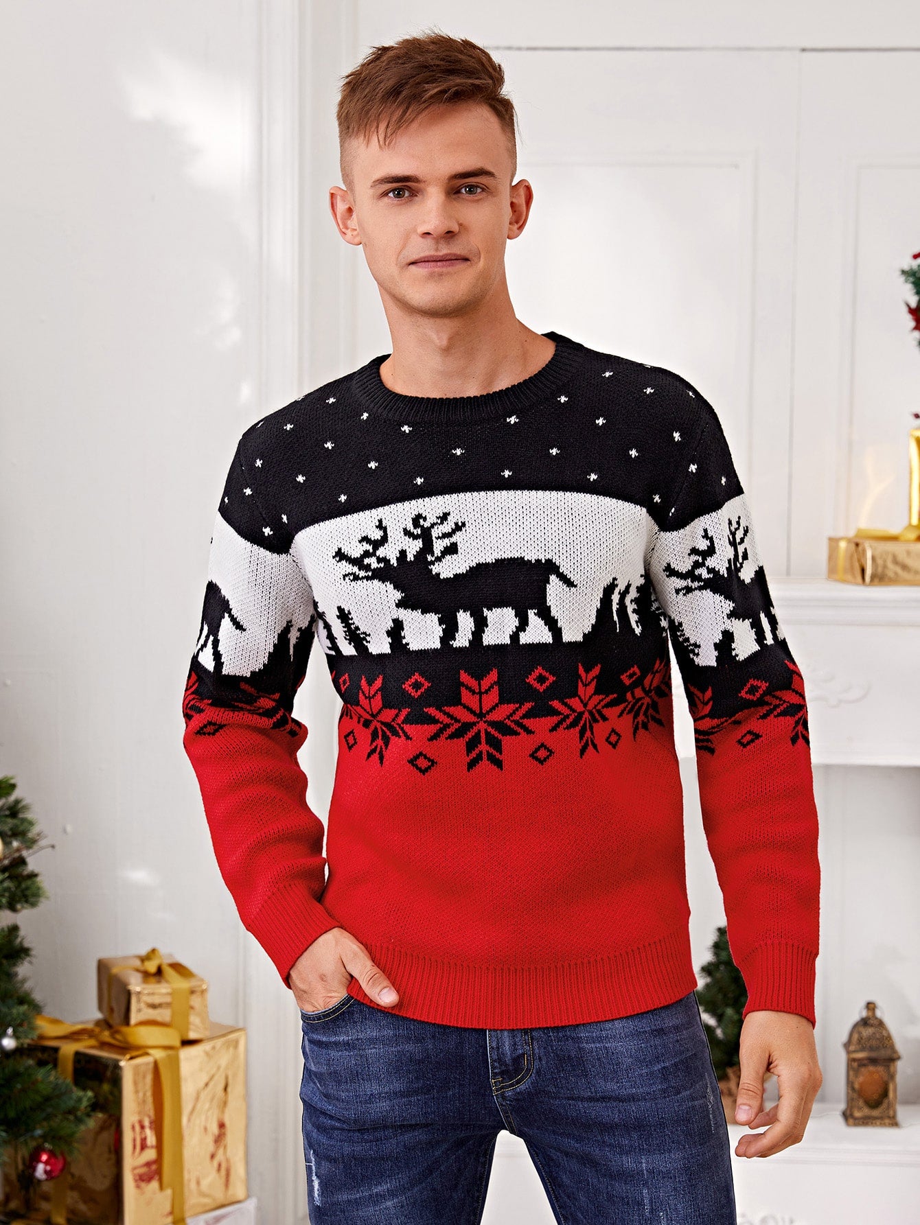 Men Christmas Pattern Crew Neck Sweater