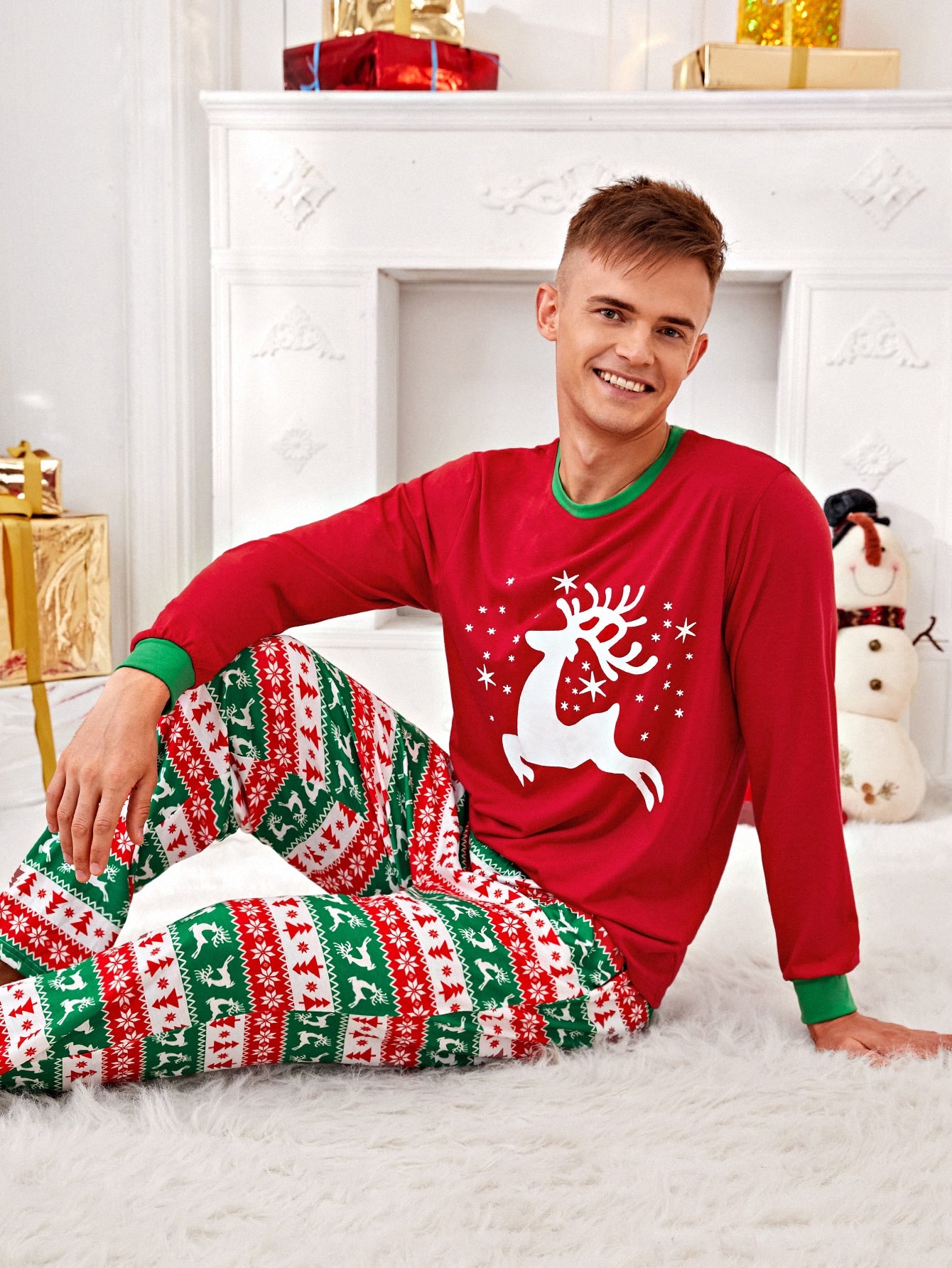 Men Christmas Print Contrast Binding PJ Set