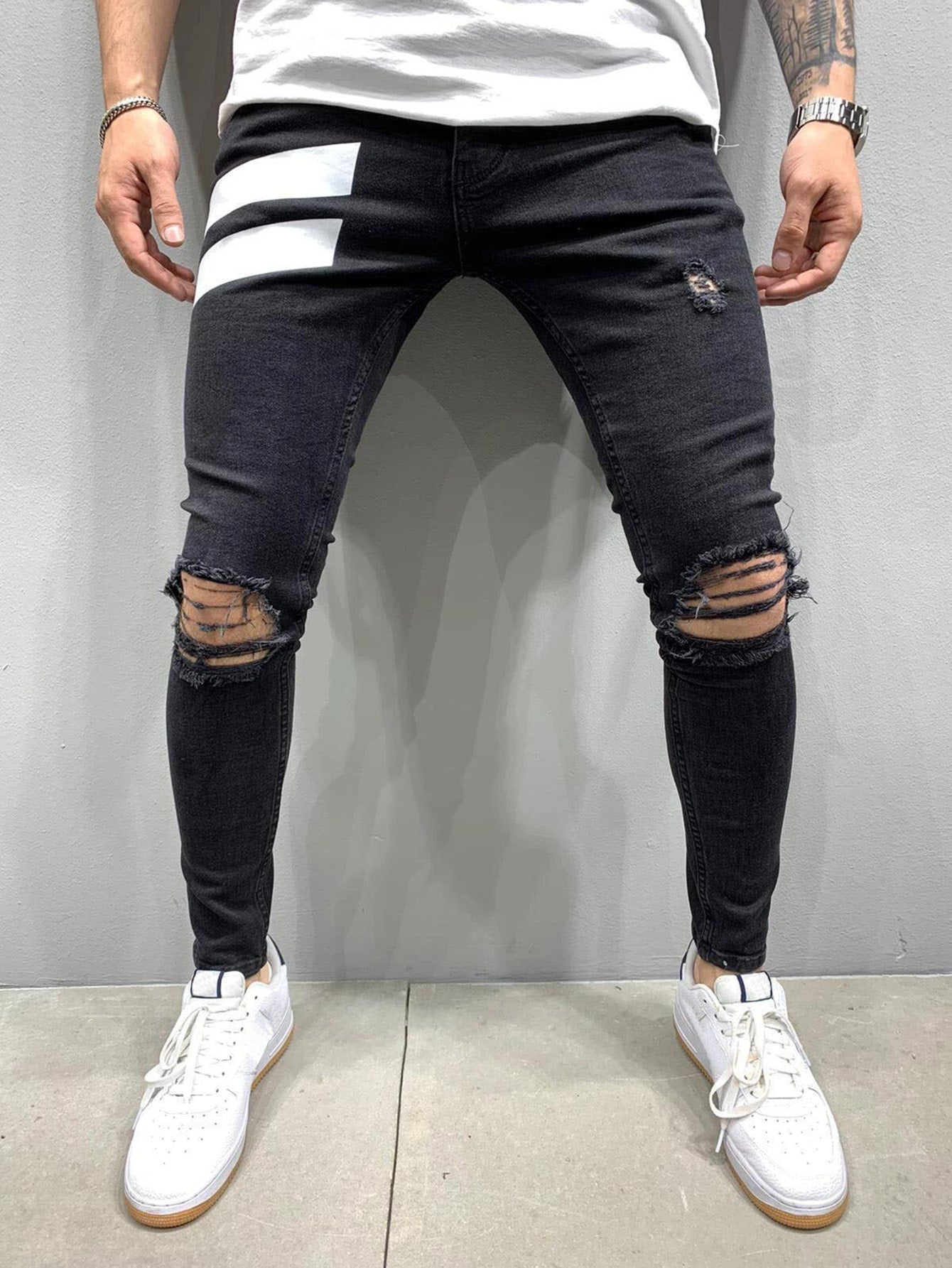 Men Colorblock Ripped Skinny Jeans