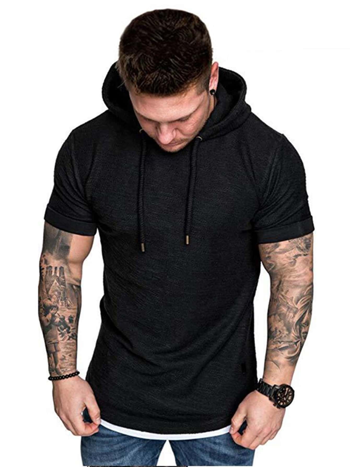 Men Contrast Binding Drawstring Hooded Tee