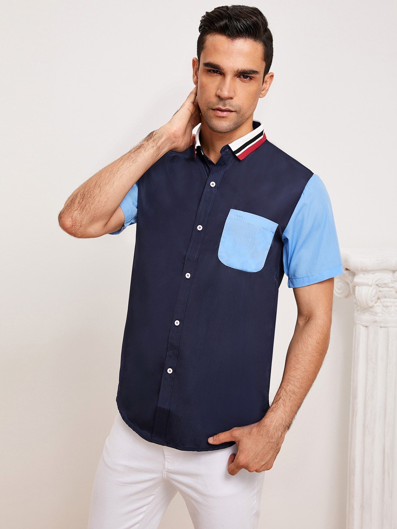 Men Contrast Panel Pocket Front Shirt