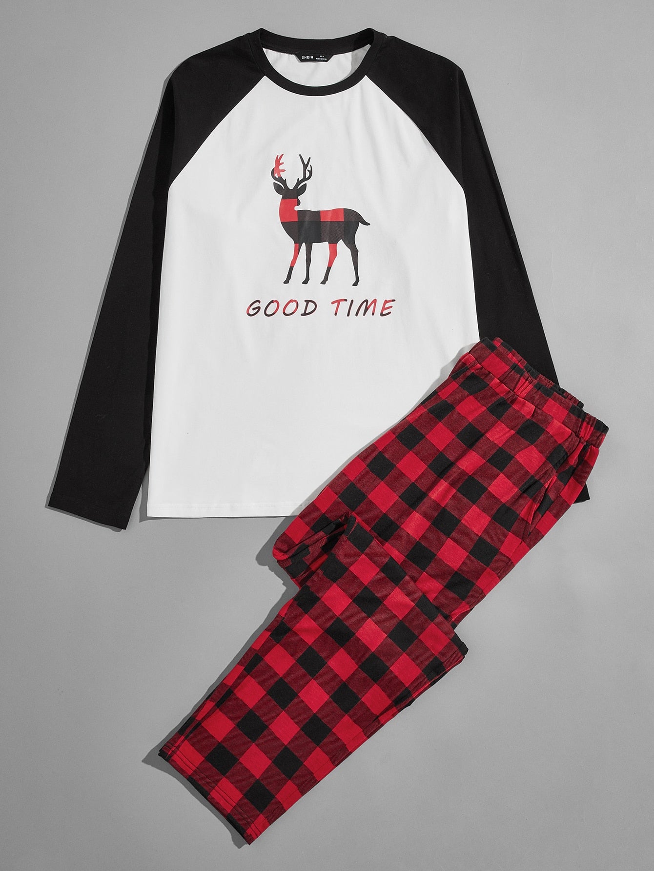 Men Contrast Raglan Sleeve Deer and Letter Graphic Top & Gingham Pants PJ Set