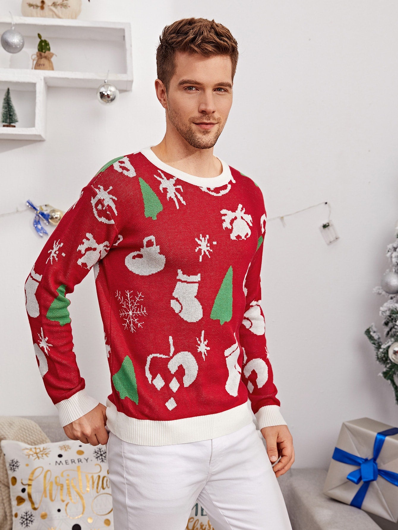 Men Contrast Trim Christmas Pattern Sweater