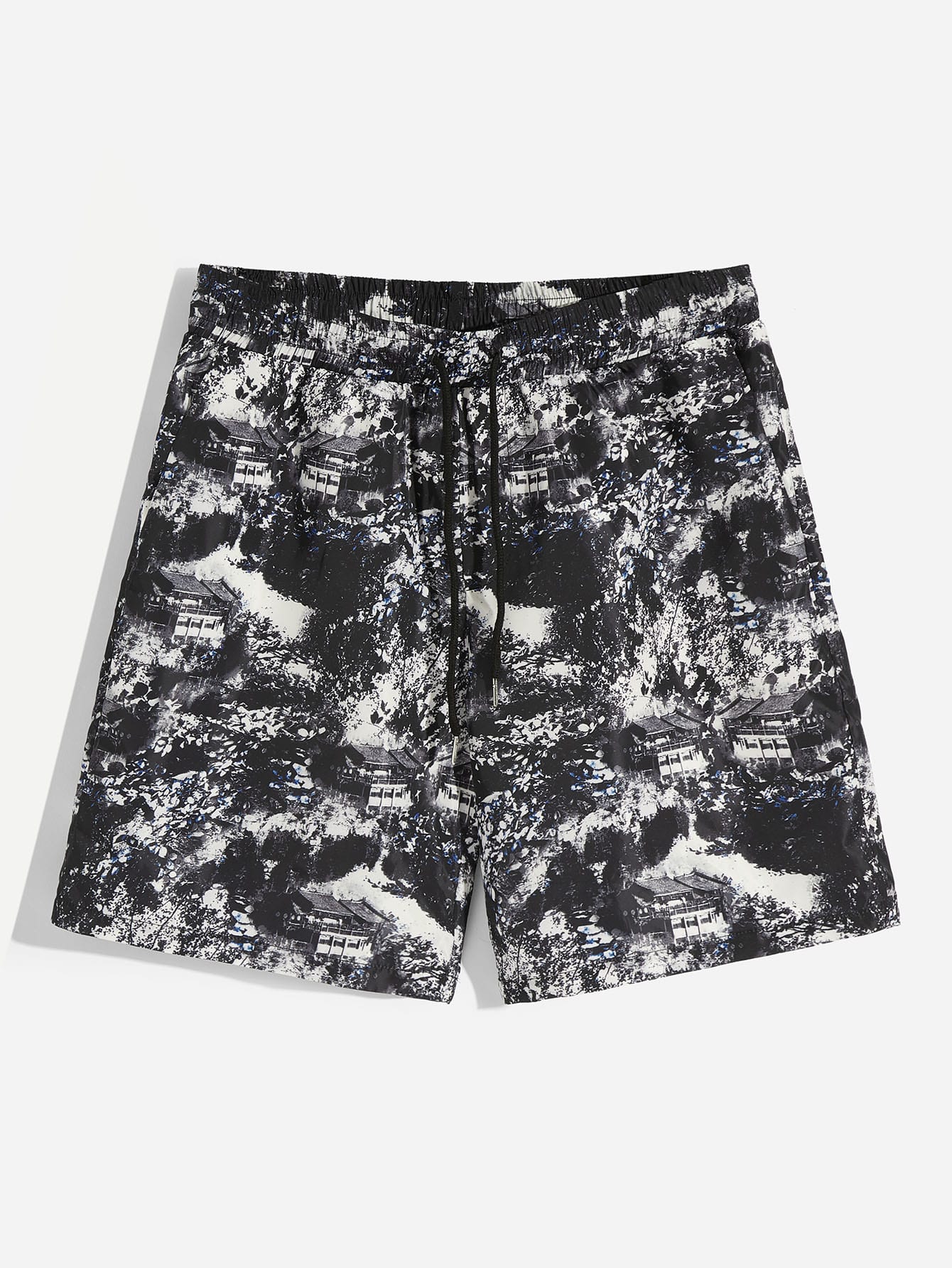 Men Drawstring Waist Landscape Painting Shorts