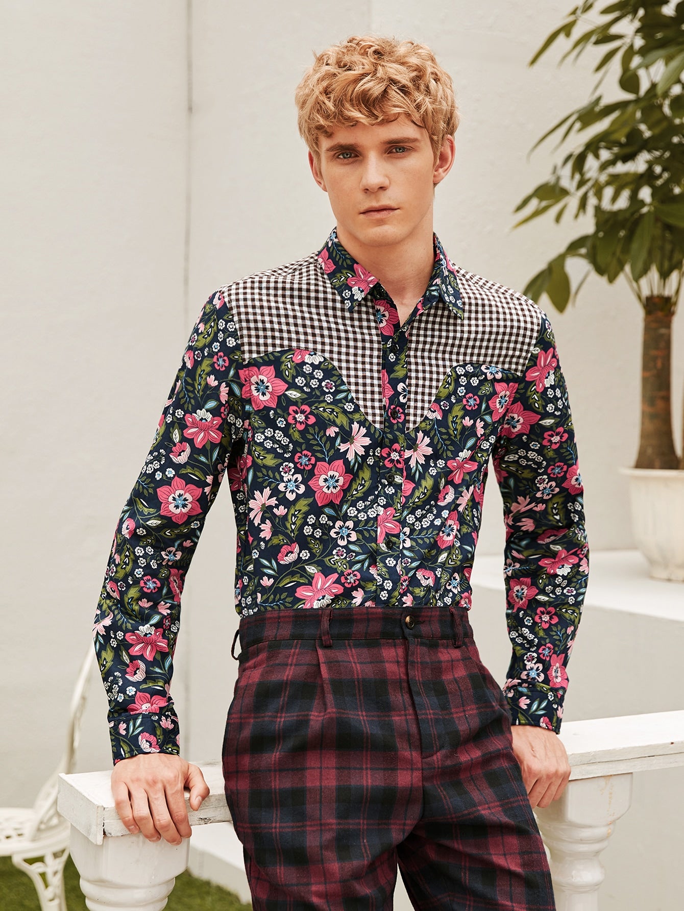 Men Gingham Panel Floral Print Shirt