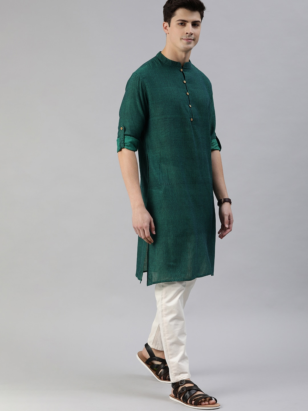 Men Green Woven Straight Kurta