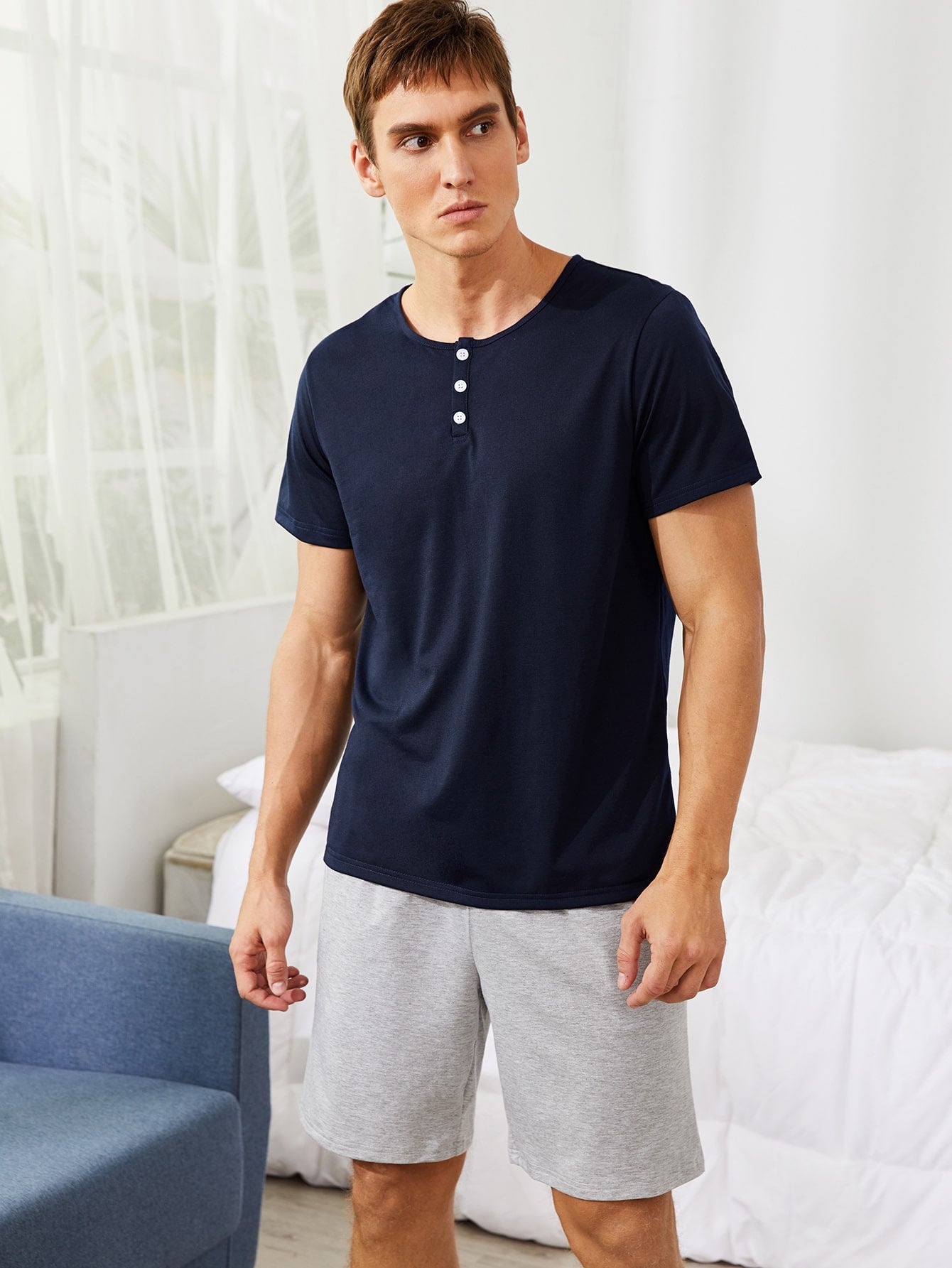 Men Half Placket Tee & Shorts PJ Set