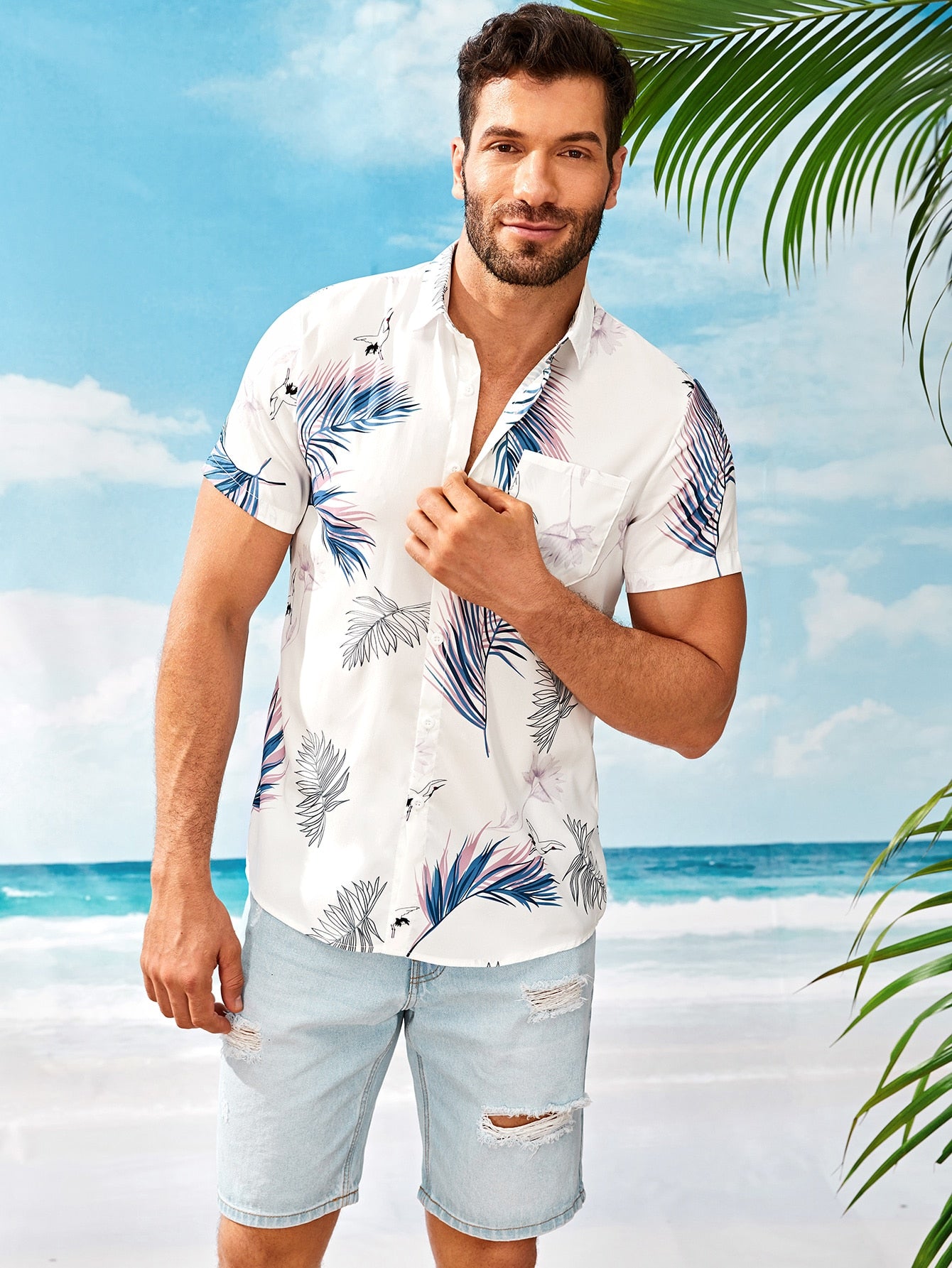 Men Leaf Print Pocket Front Shirt