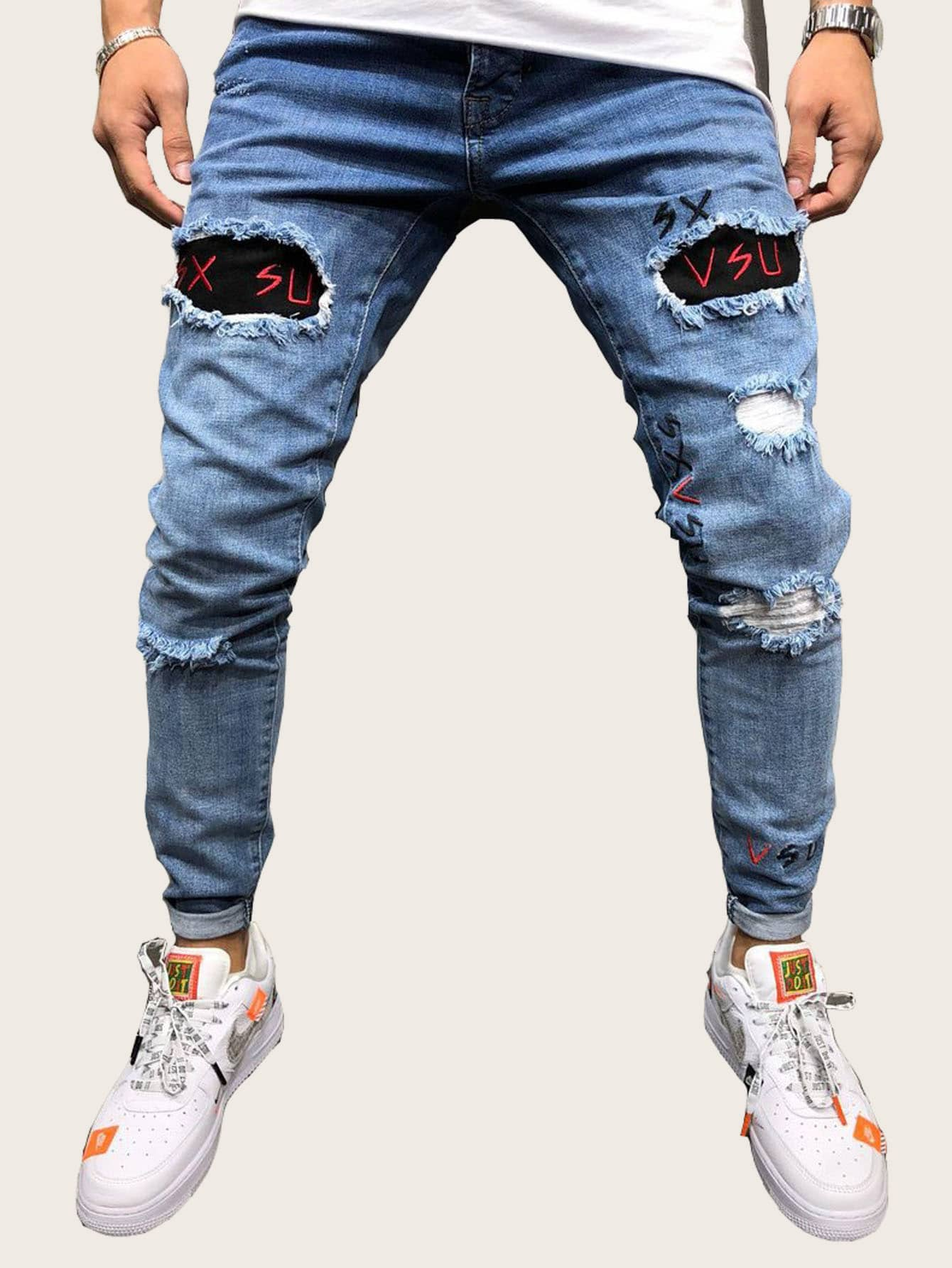 Men Letter Embroidery Ripped Jeans