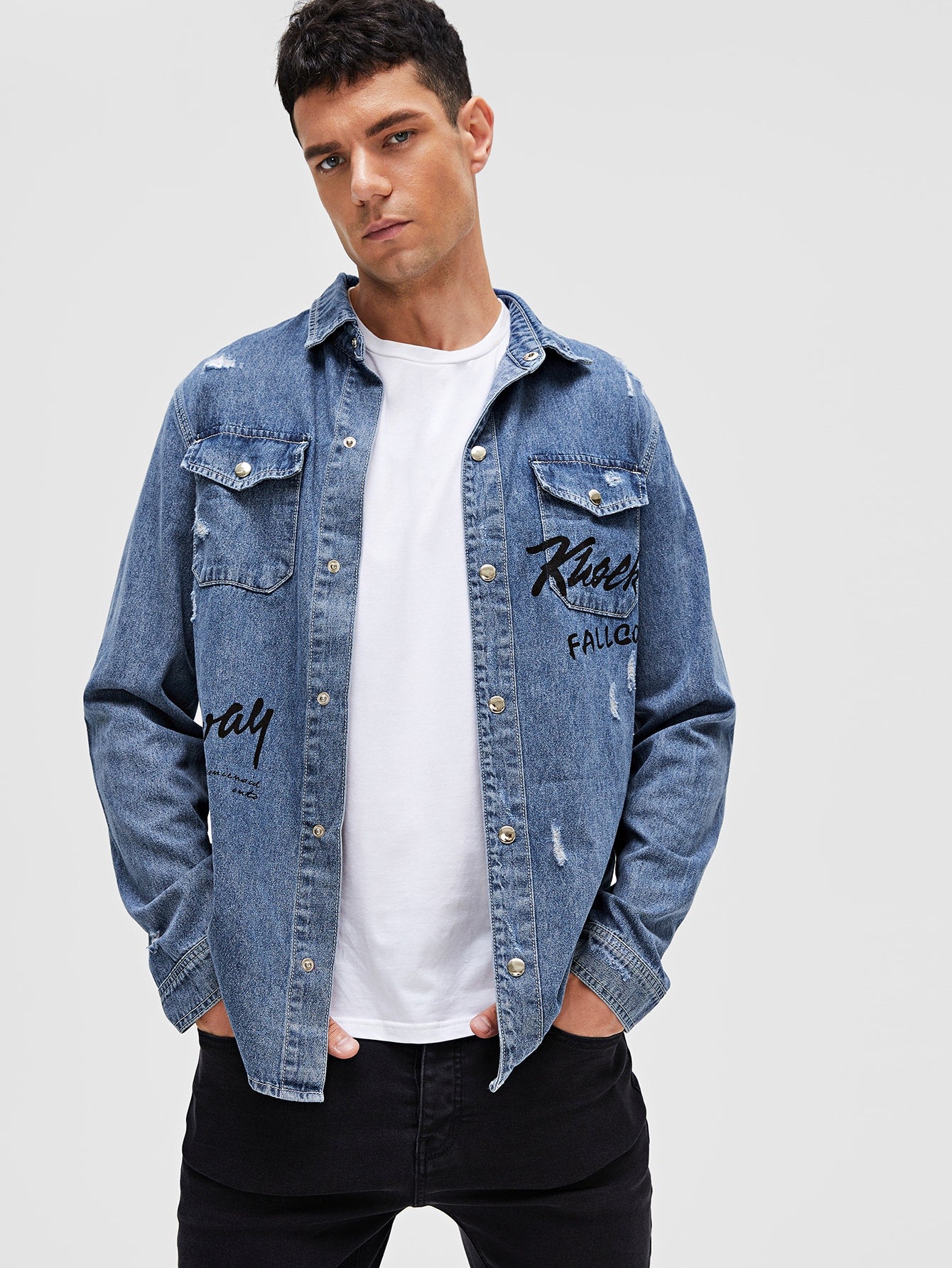 Men Letter Graphic Ripped Denim Shirt