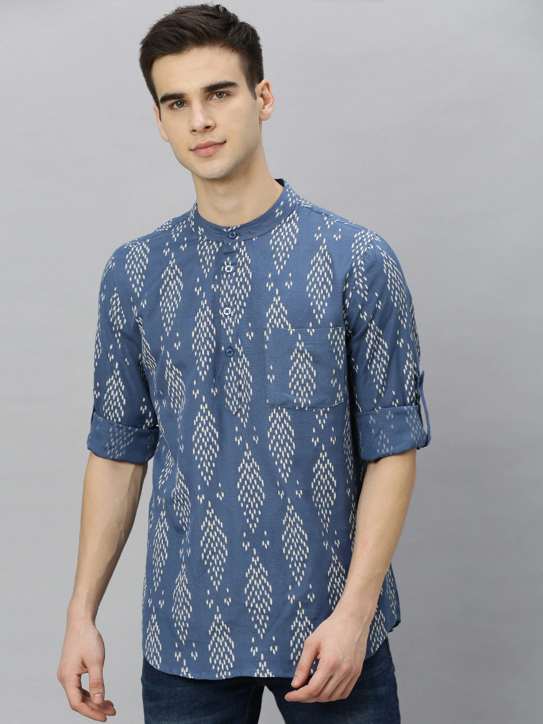 Men Navy Blue Printed Straight Kurta