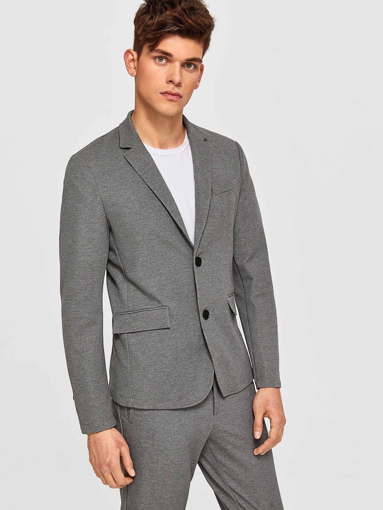 Men Notched Collar Buttoned Front Heather Gray Blazer