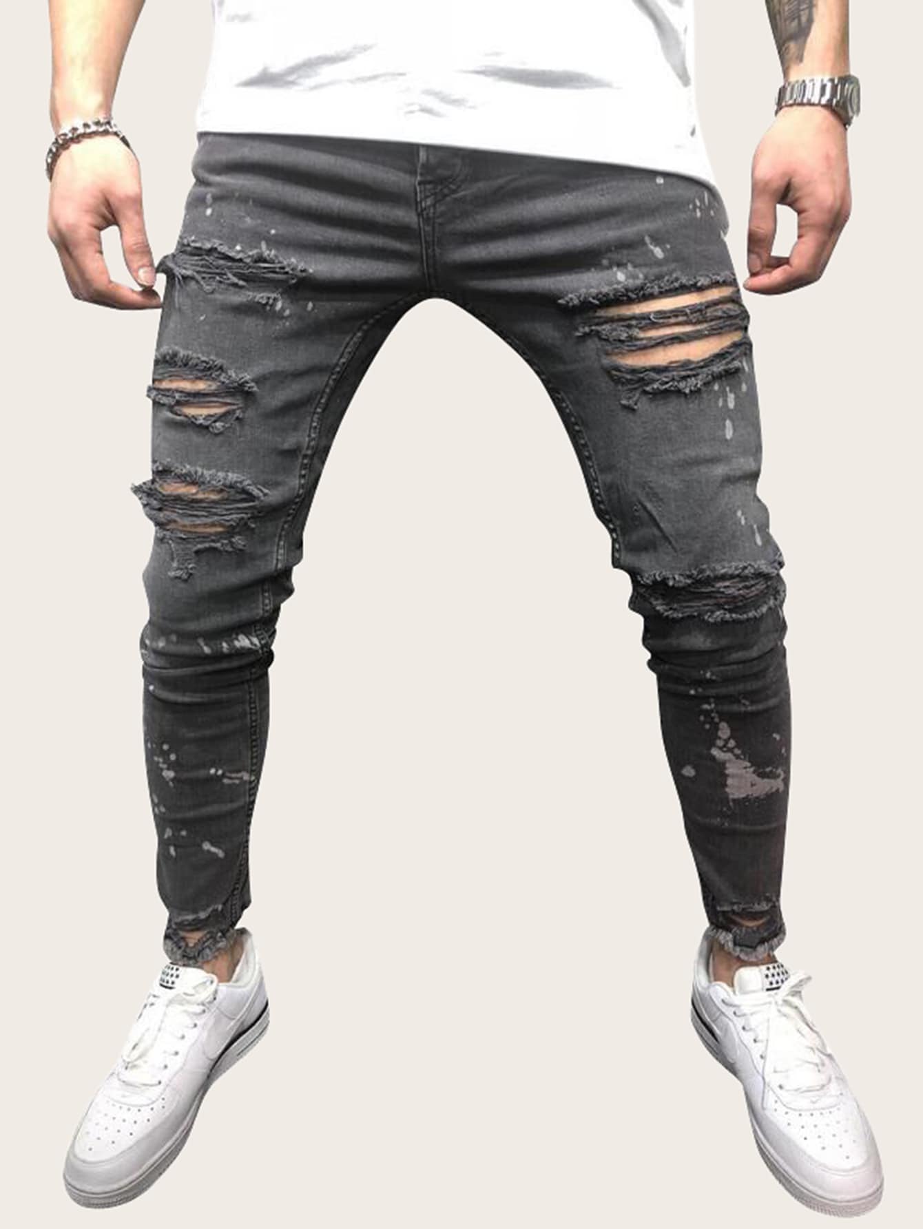 Men Paint Splatter Pattern Ripped Skinny Jeans