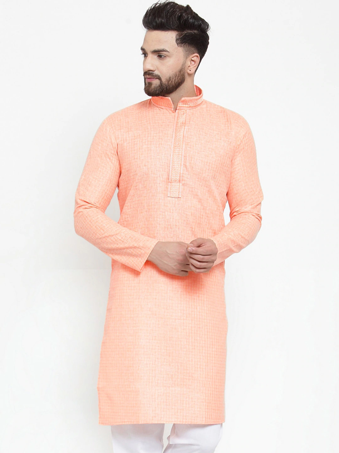 Men Peach-Coloured Straight Kurta