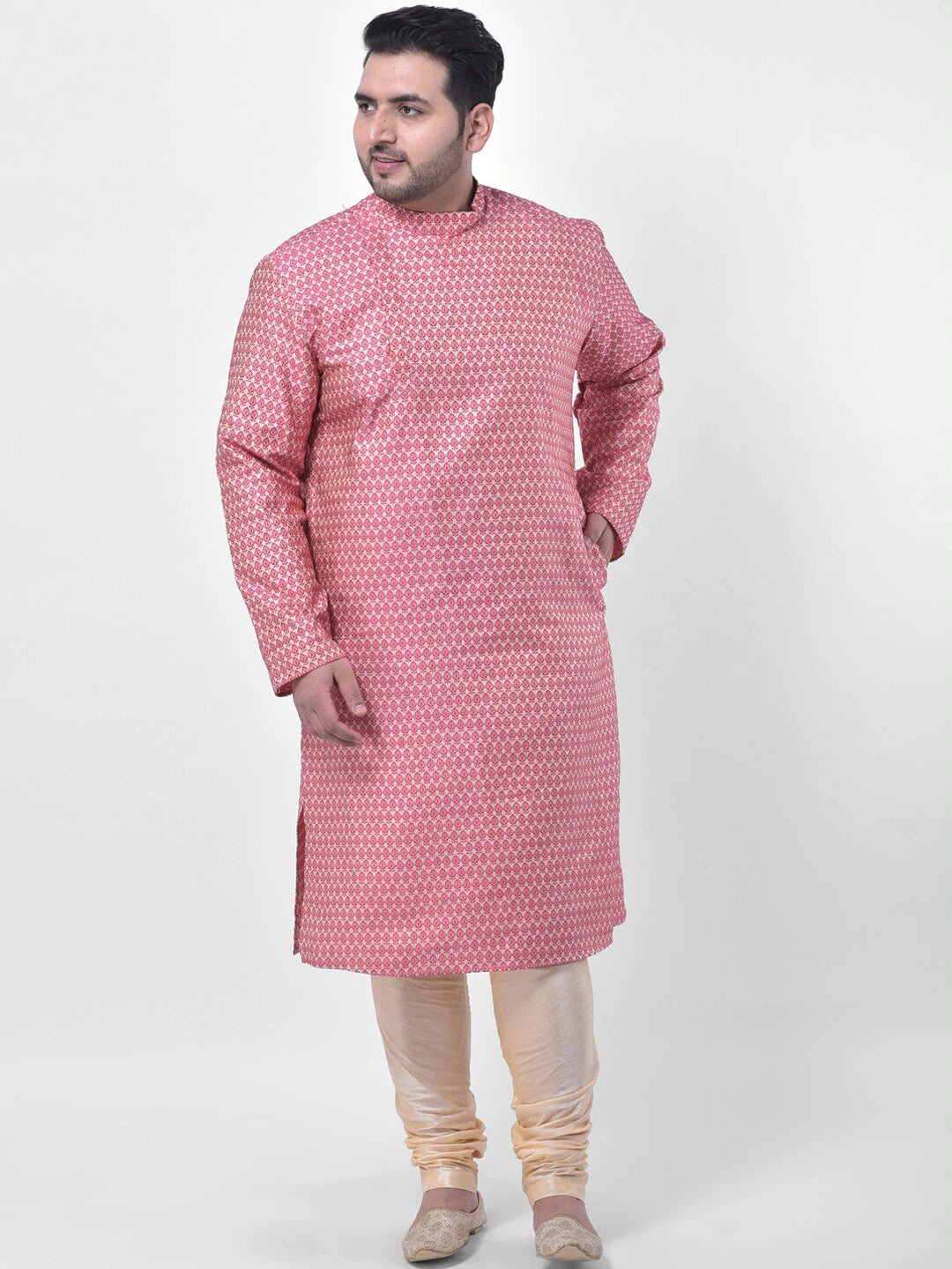 Men Pink Jacquard Silk Kurta