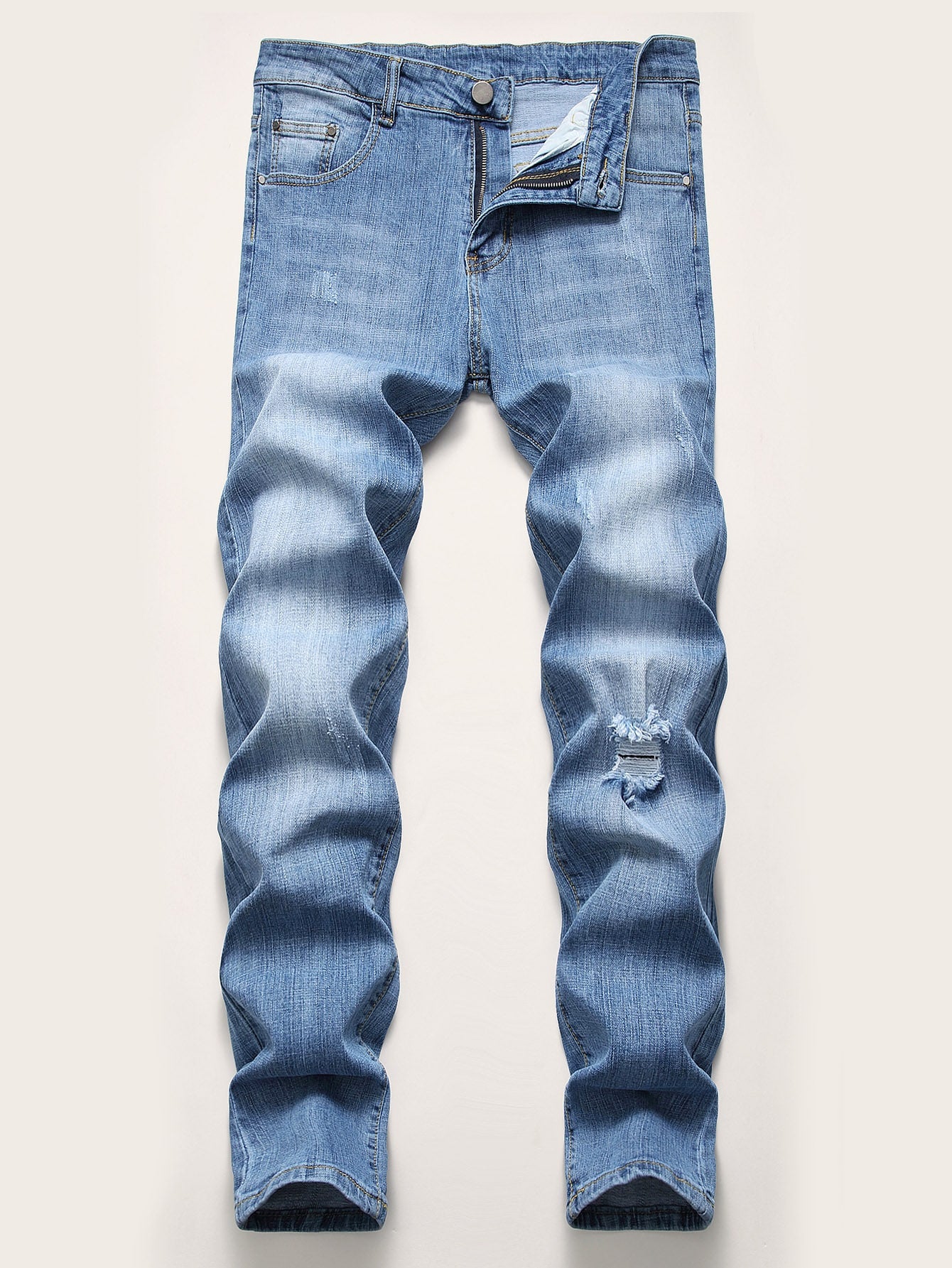 Men Pocket Zip Ripped Washed Jeans