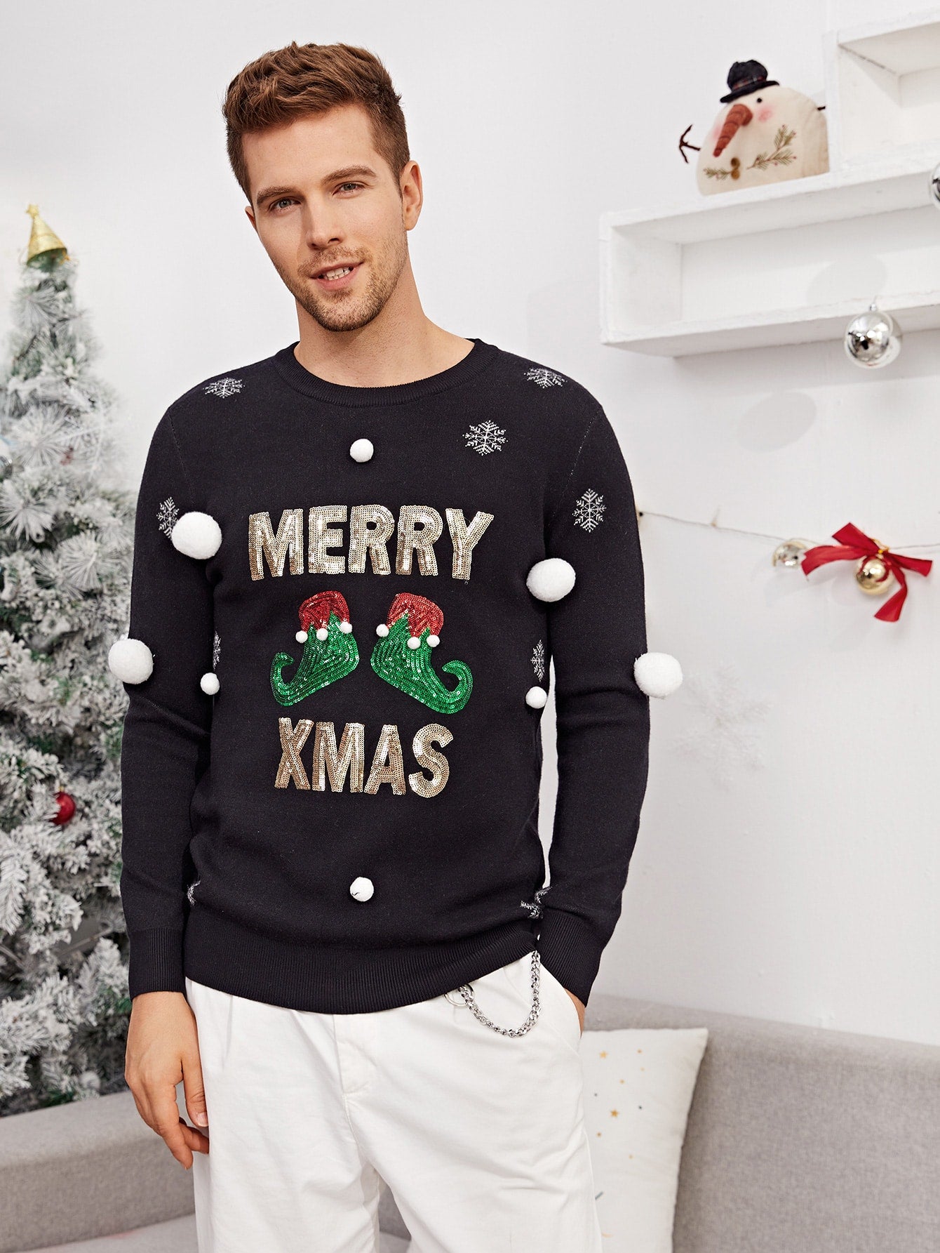 Men Pom Pom Detail Sequin Christmas Patched Sweater