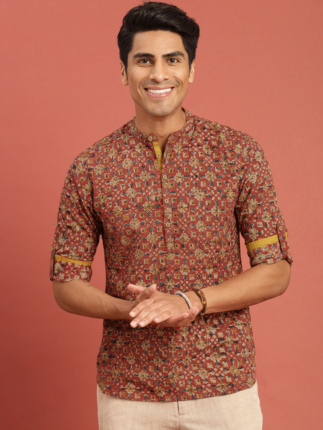 Men Red Block Printed Kurta