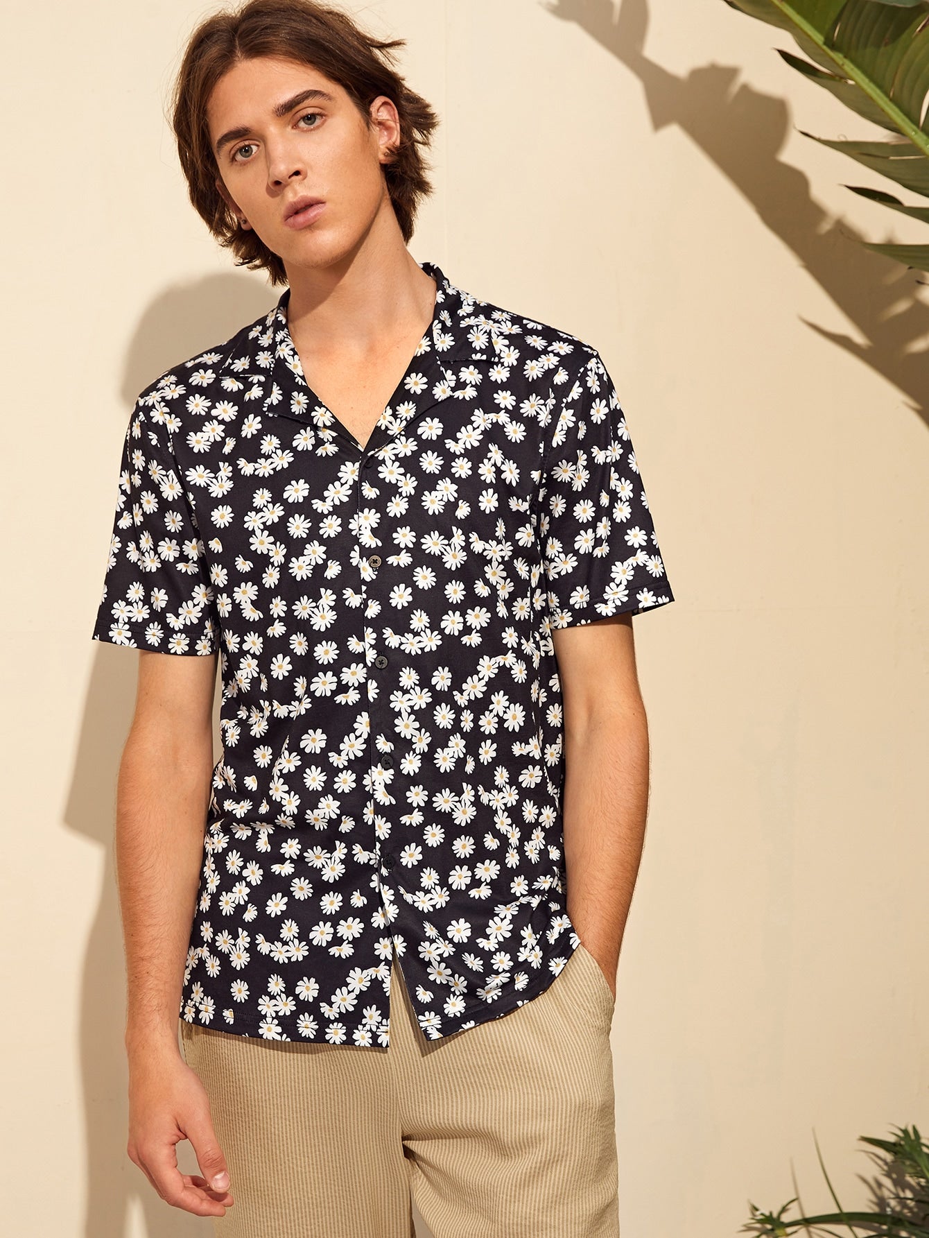 Men Revere Collar Daisy Floral Shirt