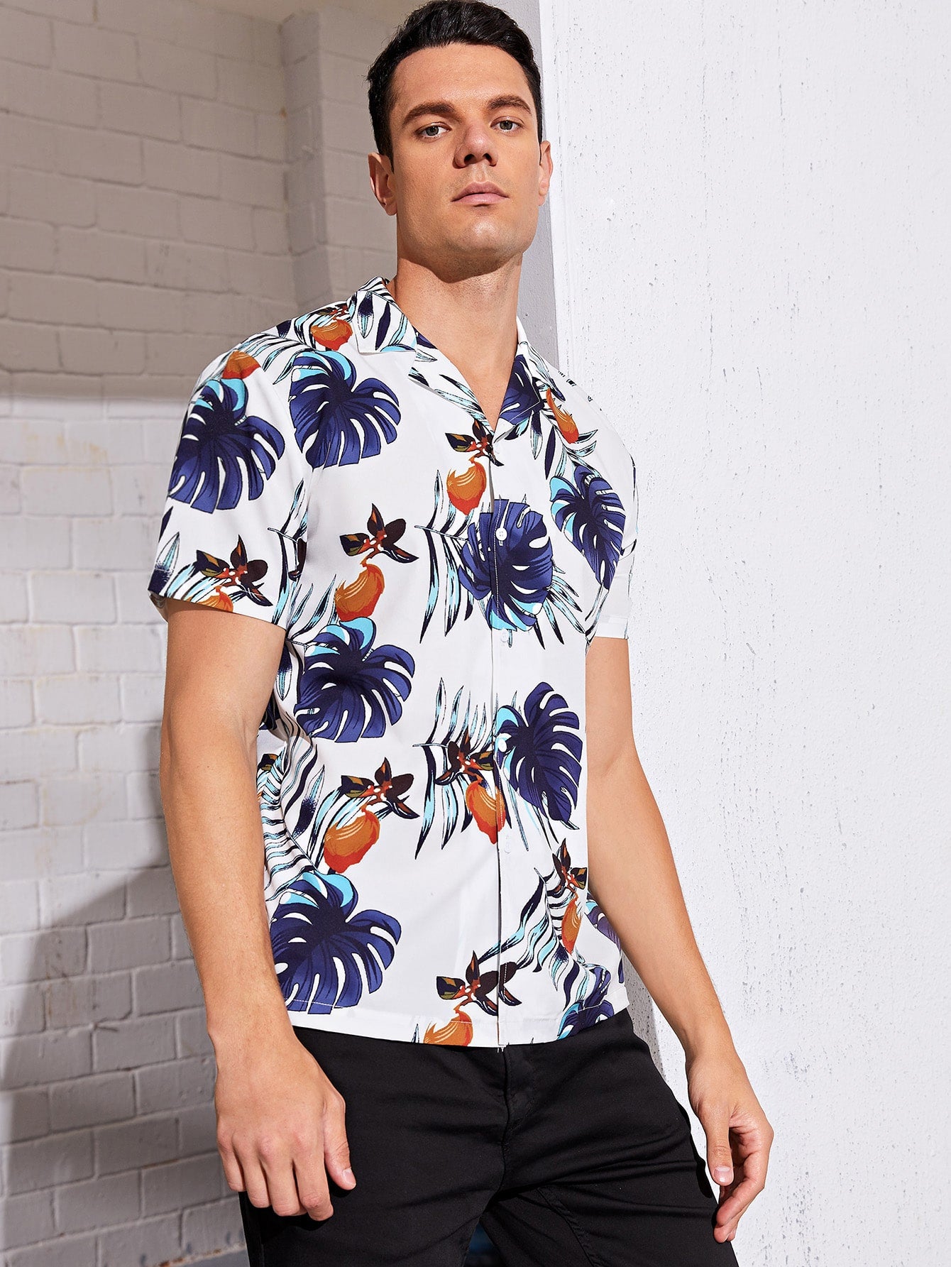 Men Revere Collar Tropical Shirt