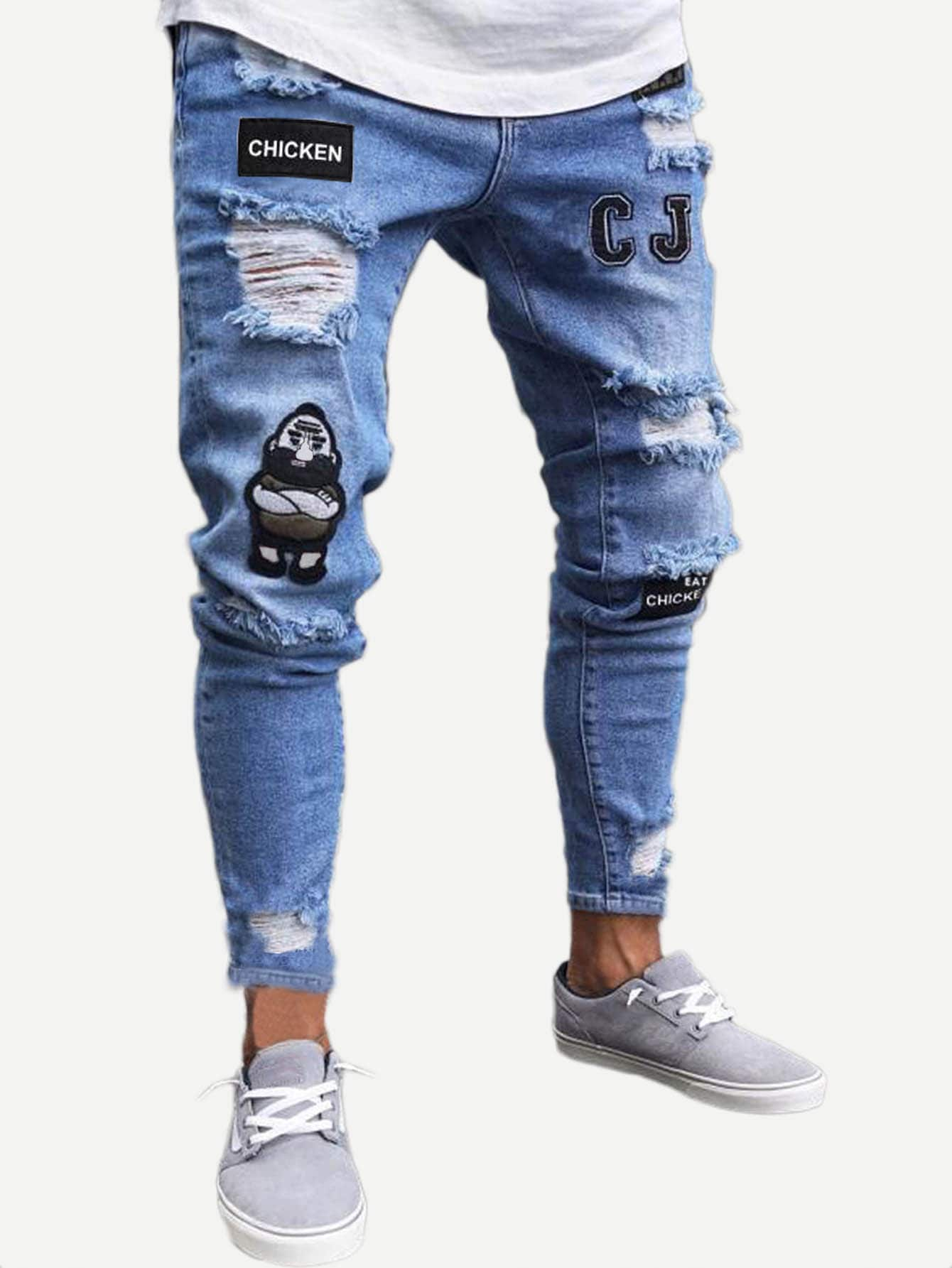 Men Ripped Patched Jeans